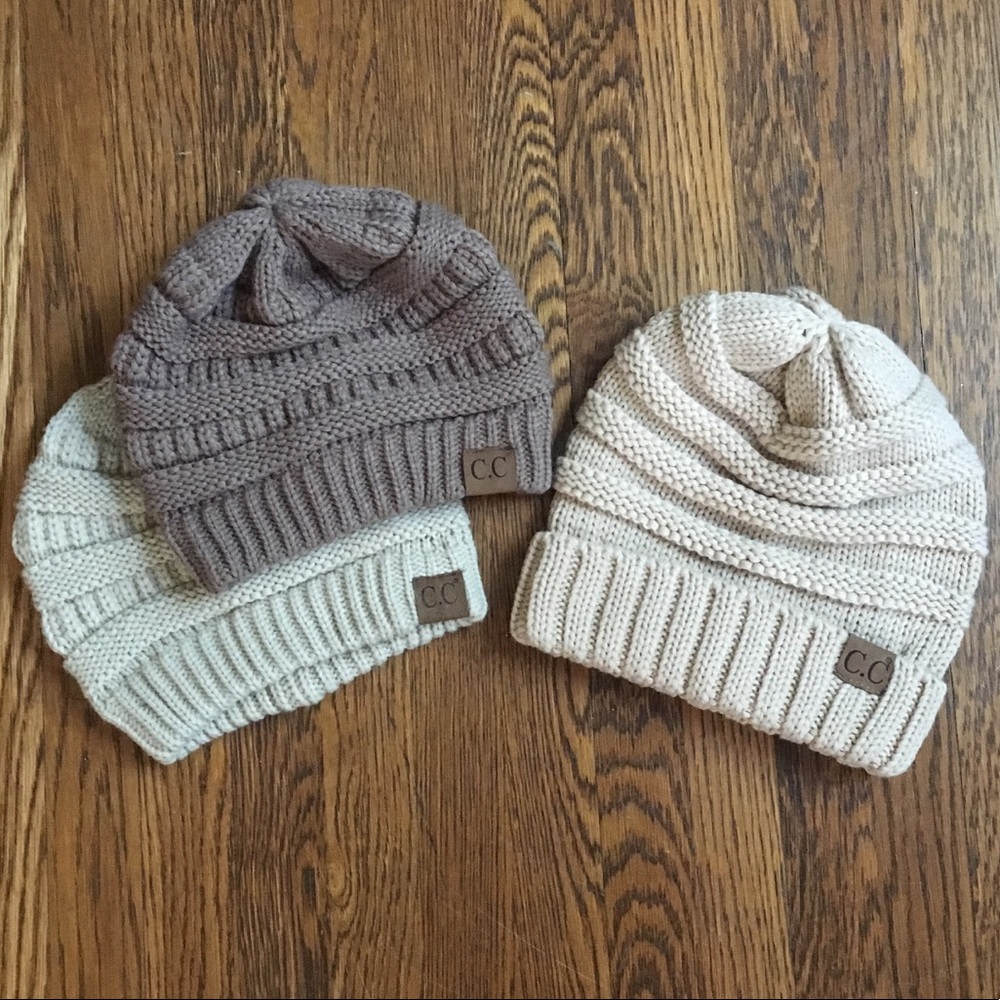 3 C.C beanie hats taupe cream ivory slouchy bundle